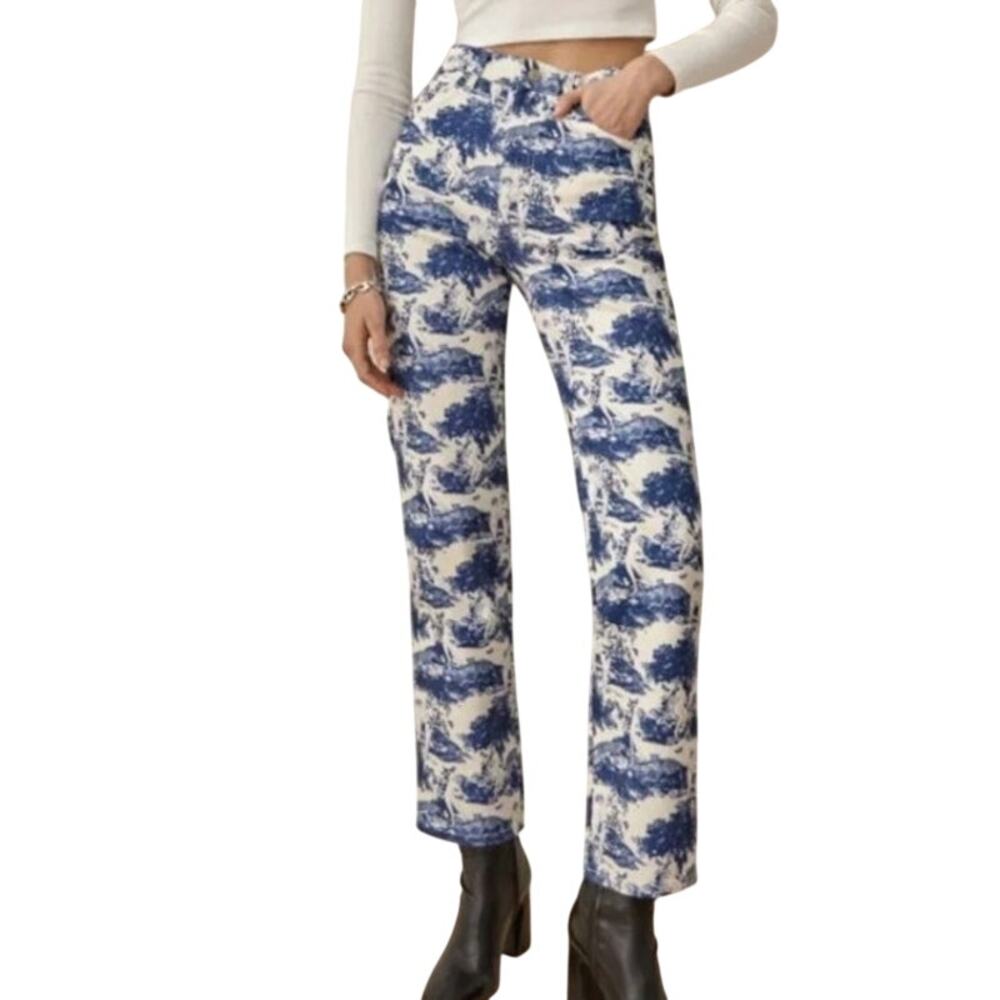 $178 Reformation Pastoral High Rise Straight Jeans 25 Blue White Print